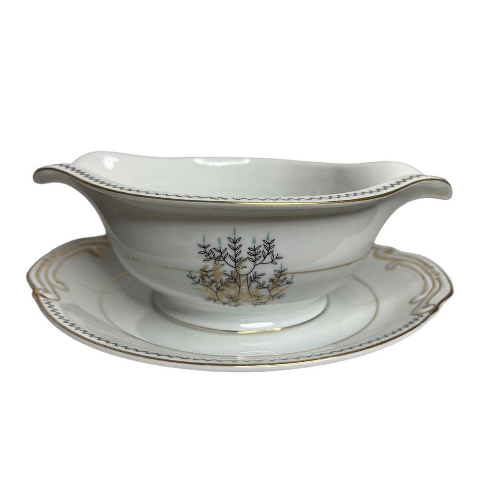 Late In Autumn Gravy Boat Attached‎ Plate By Fine China Of Japan Gold Gild Trim